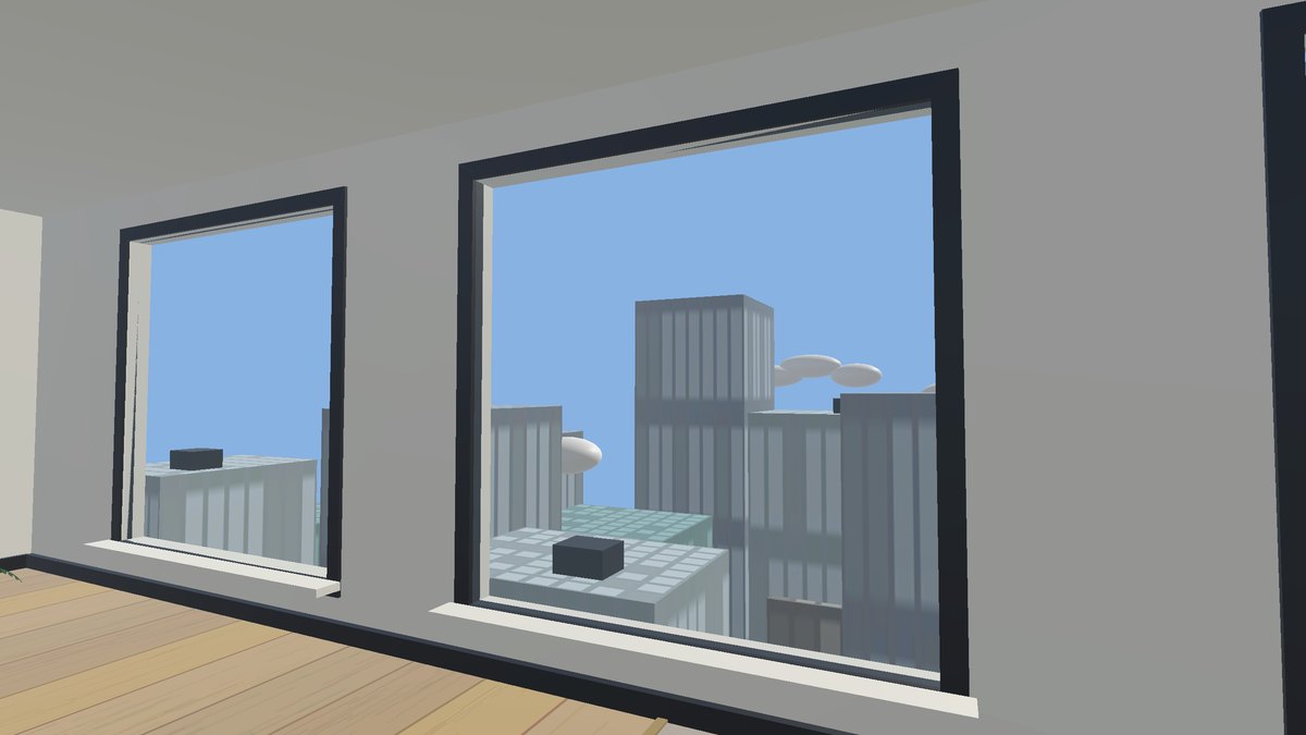 Floor-to-ceiling windows with a skyscraper view over the city