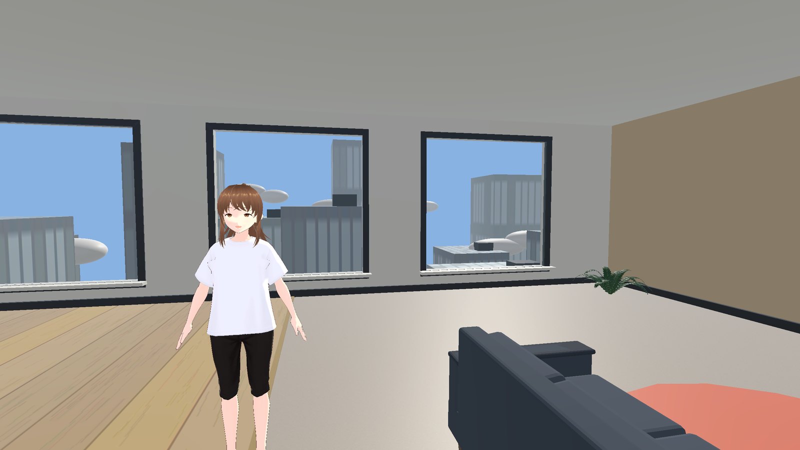 Nia standing in her bright modern condo, city skyline through the windows